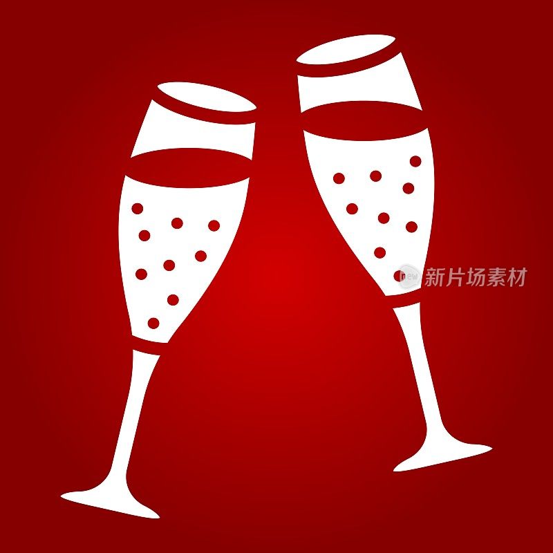 两杯香槟象形图标，情人节和浪漫，庆祝符号矢量图形，固体图案上的红色背景，eps 10。